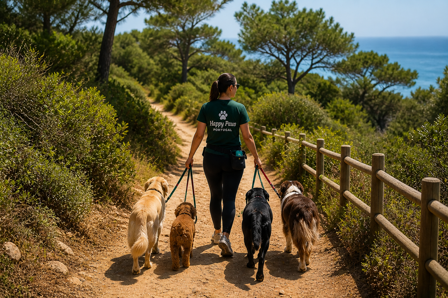Walking dogs on a forest trail above the Portuguese coast